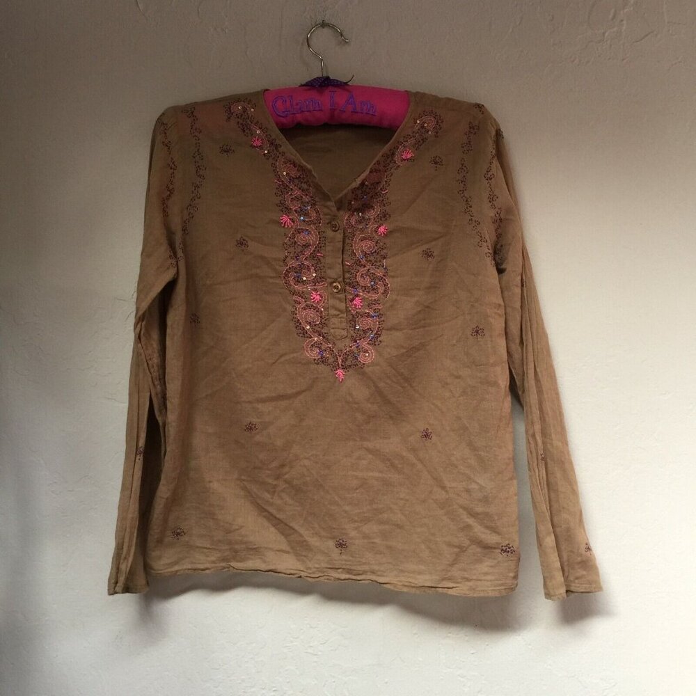 Antik Batik Embroidered Sequin Henley Top Medium 40 Brown Long Sleeve Cotton